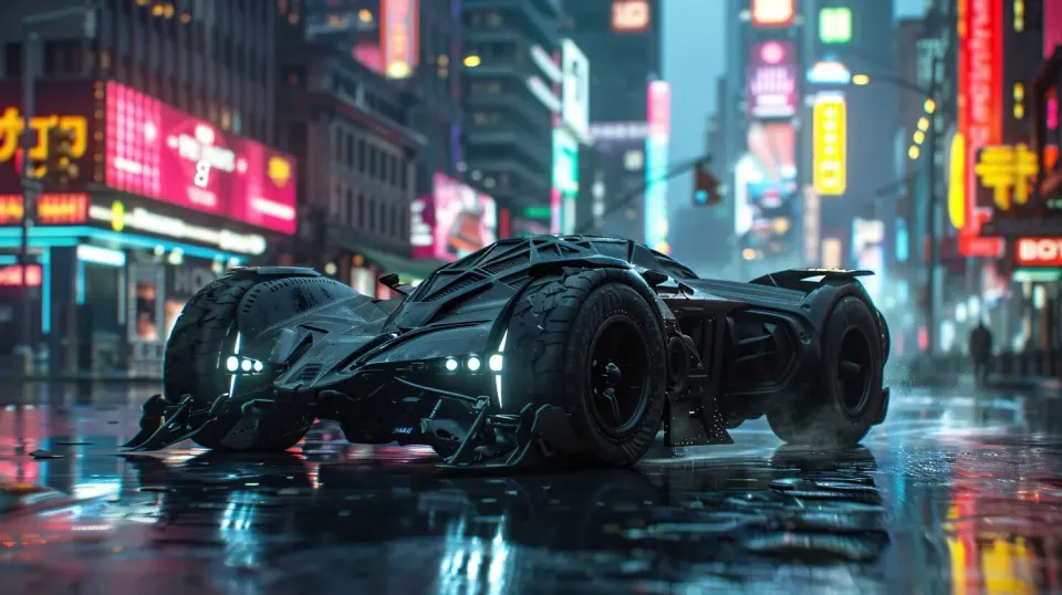 Cinematic futuristic car in a neon-lit city