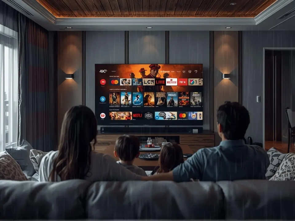 Family enjoying television in a living room